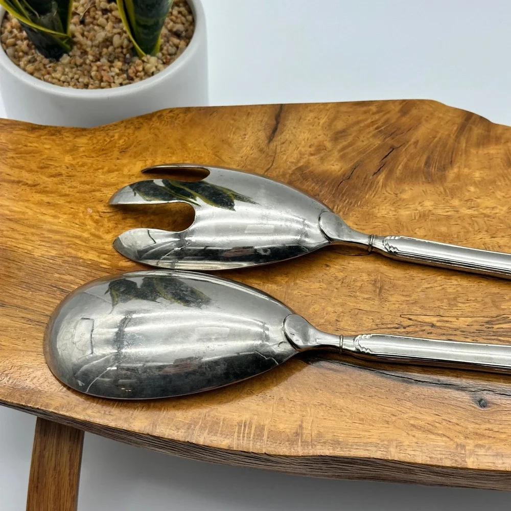 Vintage Silver Plated Salad Serving Set Scrolled Fiddle Handle Fork Spoon 10.5in